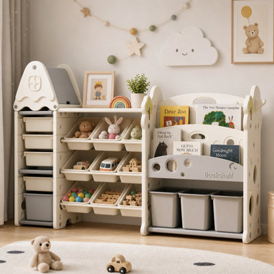 Kids Toy Storage Organizer, 4-Tier Bookshelf with 17 Removable Bins, Multi-Purpose Toy Shelf for Playroom Bedroom Nursery Living Room, Cream