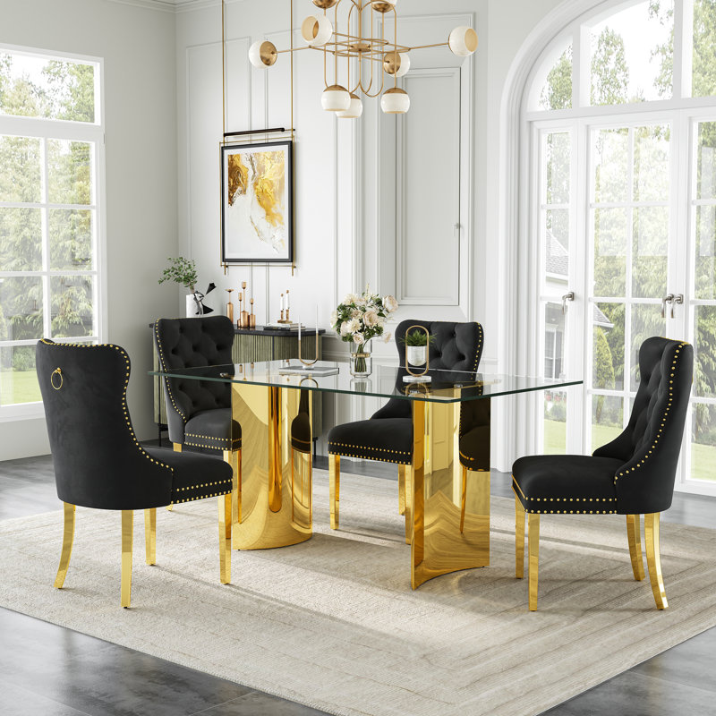 63"Rectangular Tempered Glass Dining Table Set, Mid-Century Modern Velvet Upholstered Nailhead Trim Chairs With Stainless-Steel Double Pedestal Table
