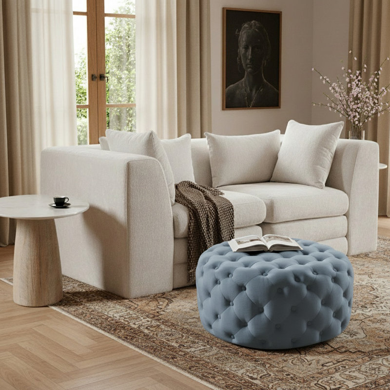 Repose-pieds rond 36 po Plattsburgh, Velours bleu ciel