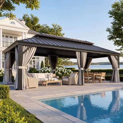 Gazebo de terrasse en aluminium à toit rigide double de 7,3 m de large x 4,3 m de profondeur, avec rideaux et moustiquaire, résistant aux intempéries, idéal pour la cour arrière, la terrasse ou le bord de la piscine.