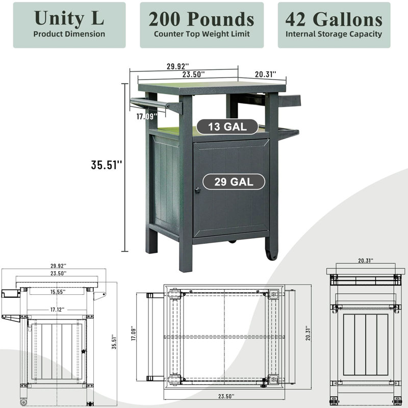 Outdoor Cabinet With Storage And Wheels, Portable Table, Grey