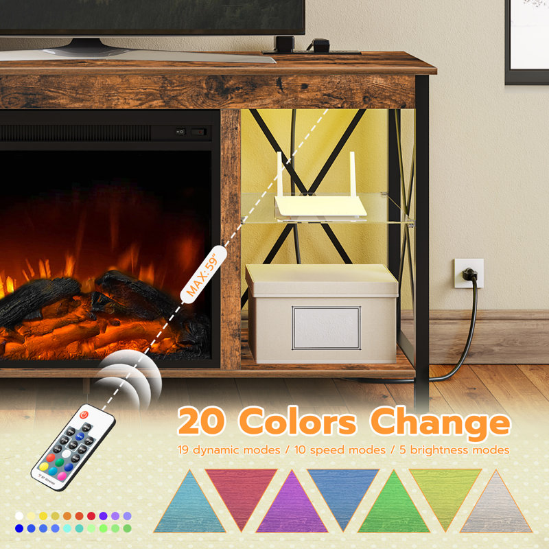 Rustic Brown Electric Fireplace TV Stand with Glass Shelves