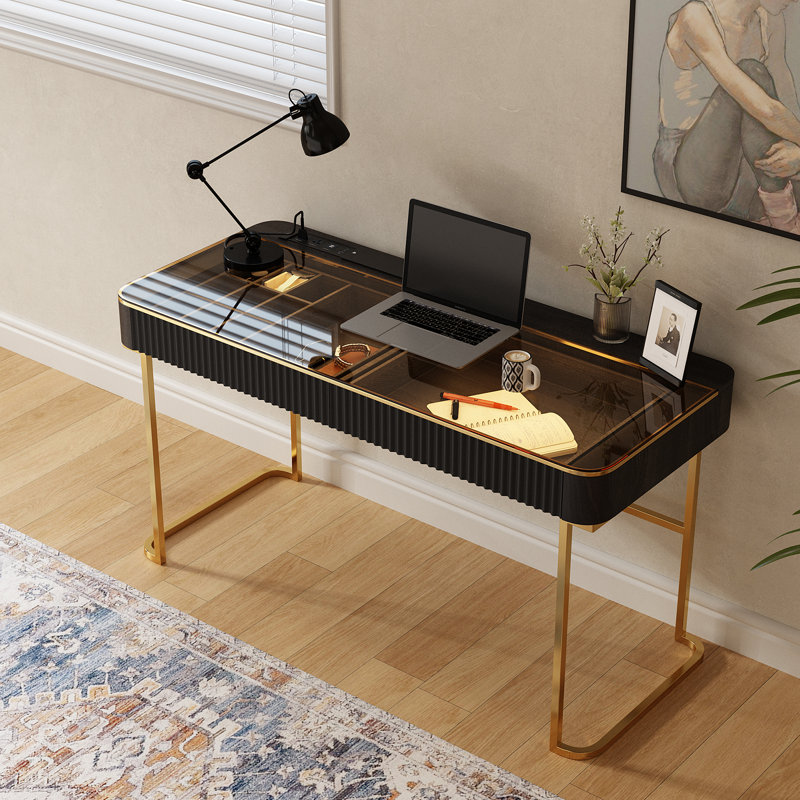 Winningham Rectangle Writing Desk, 29.5" H x 50" W x 23" D, Black/Gold
