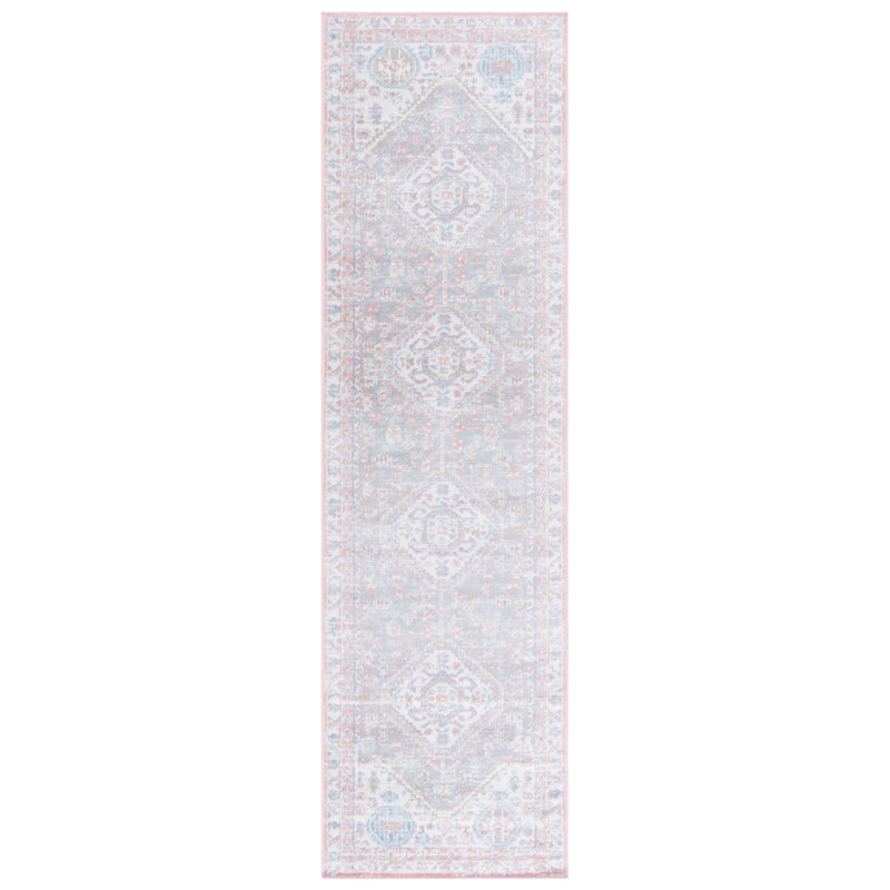 Bayside Oriental Machine Washable Non-Slip Area Rug in Pink & Beige, Runner 66 x 244 cm