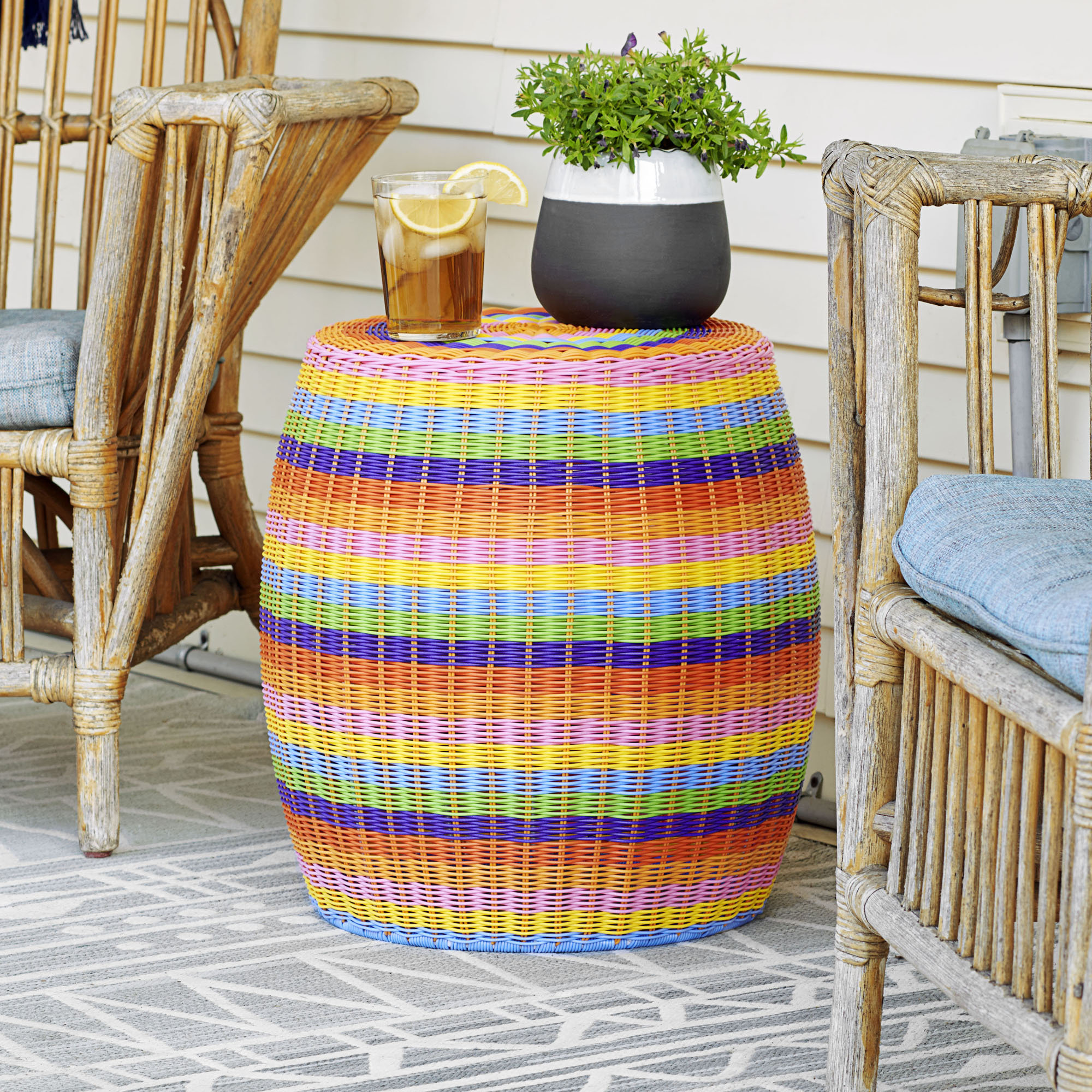 Baudette Handwoven Resin Barrel Side Table, Multicolor, Organe/Purple/Blue/Green