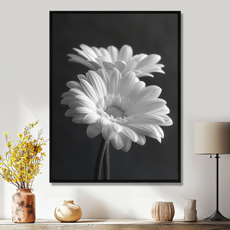 Monochromes noir et blanc «Bliss Daisy Photo I» - impression d'art mural marguerites, Cadre flottant noir, H 24 po x l 32 po
