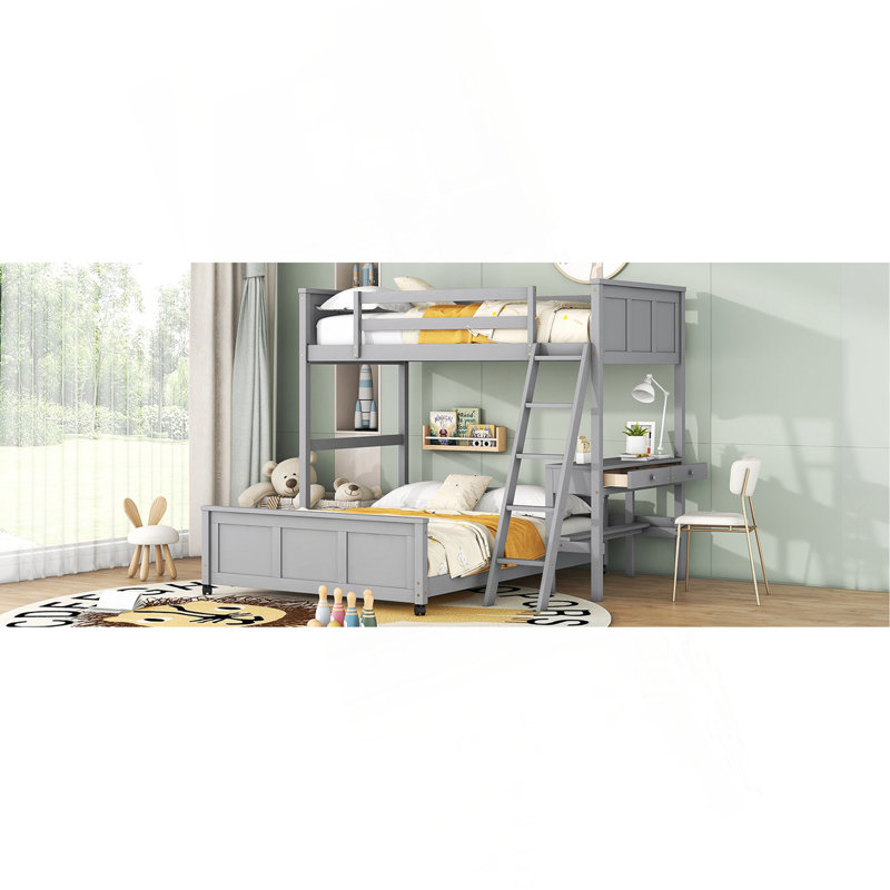 Lit simple superposé au dessus d'un lit double avec bureau, Gris