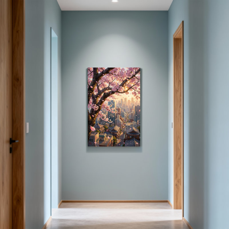 Plantes et fleurs, cerisier en fleurs, paysage urbain, coucher de soleil, H 36 po x l 24 po