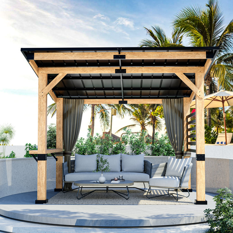 12 Ft. x 10 Ft. Solid Wood Patio Gazebo with Privacy Curtains
