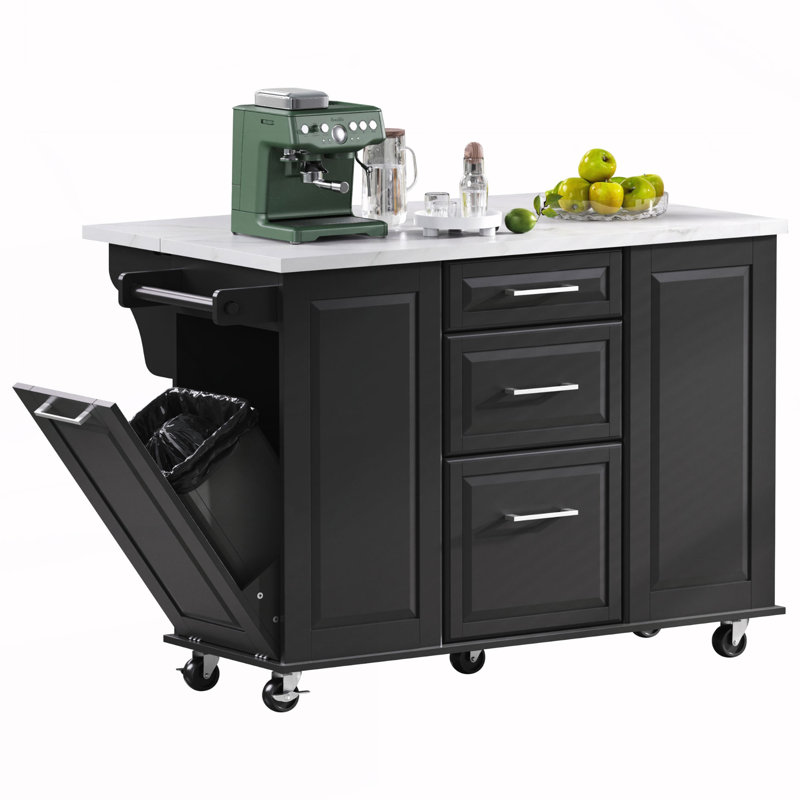 Rolling Kitchen Island on 5 Wheels with Drop Leaf, Black