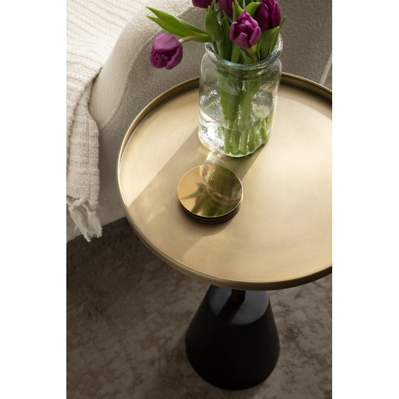 Lodia Round Wood and Metal End Table, Gold, Black