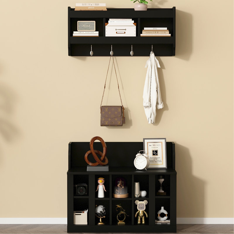Banc de rangement pour chaussures chic avec portemanteau et crochets à manteau, noir, charge de 176 lb, armoire murale à hauteur personnalisable, options réglables