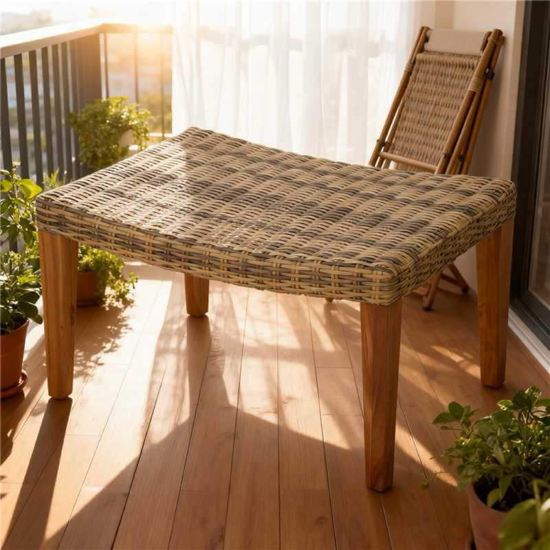 Repose-pieds pour l'extérieur en bois et en osier Natural + grey