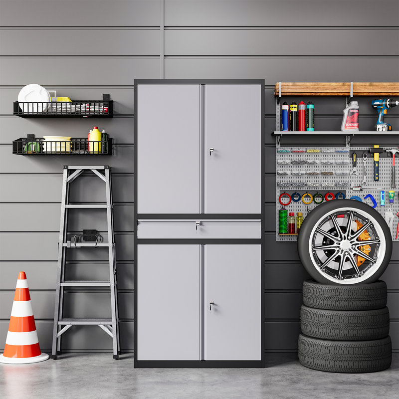 Agilar Locking Metal Garage Cabinet with Adjustable Shelves & Tool Drawer ( 71'' H x 31.5'' W x 15.7'' D), Black Gray