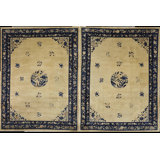 Pair Of Cream Color Room Size Antique Chinese Peking Floral Bird Design Medallion Rugs