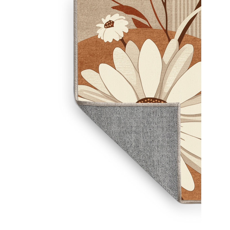 Machine Washable Parrilla Chamomile Scandinavian Clear Rug in Brown – Beige Binding, 4' Round
