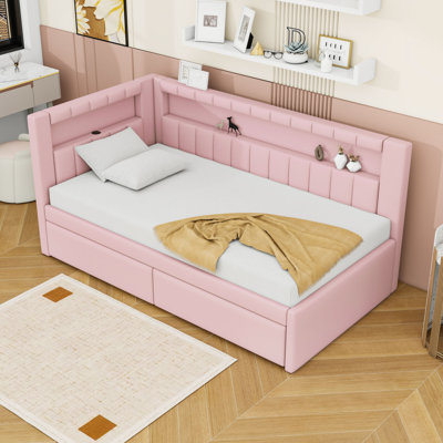 Twin Two Drawers Upholstered Platform Bed Frame with USB Ports and LED Lights