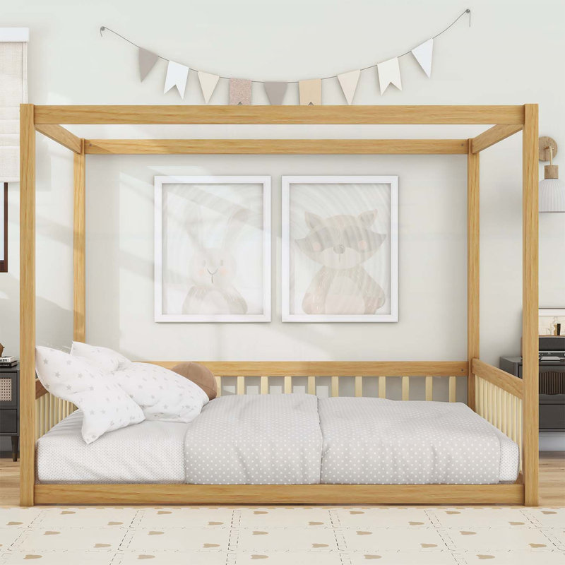 Lit en bois d'hévéa avec clôture Canopy, Naturel