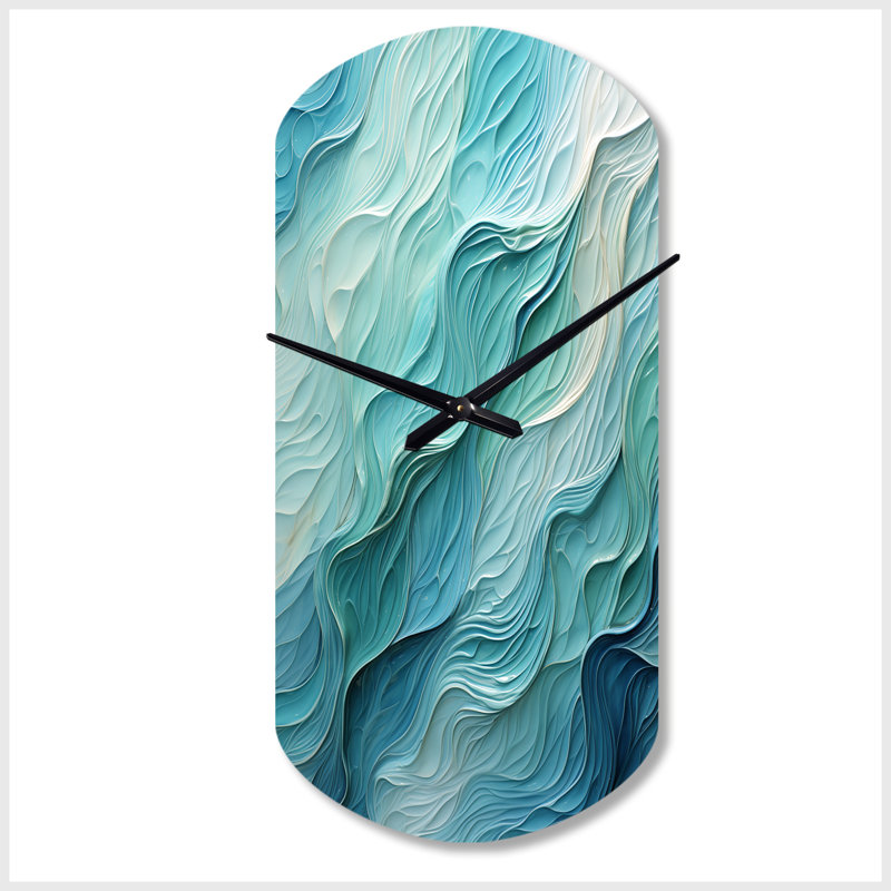 Turquoise bleu et blanc Serenity Swirl I - horloge murale asymétrique en spirale abstraite, horloge murale cylindrique moderne