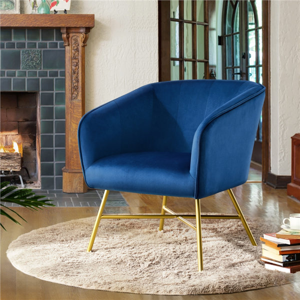 Everly Quinn Studio Modern Luxe and Glam Navy Blue Velvet Fabric Upholstered and Gold Finished Metal Armchair Everly Quinn Fabric: Blue Velvet