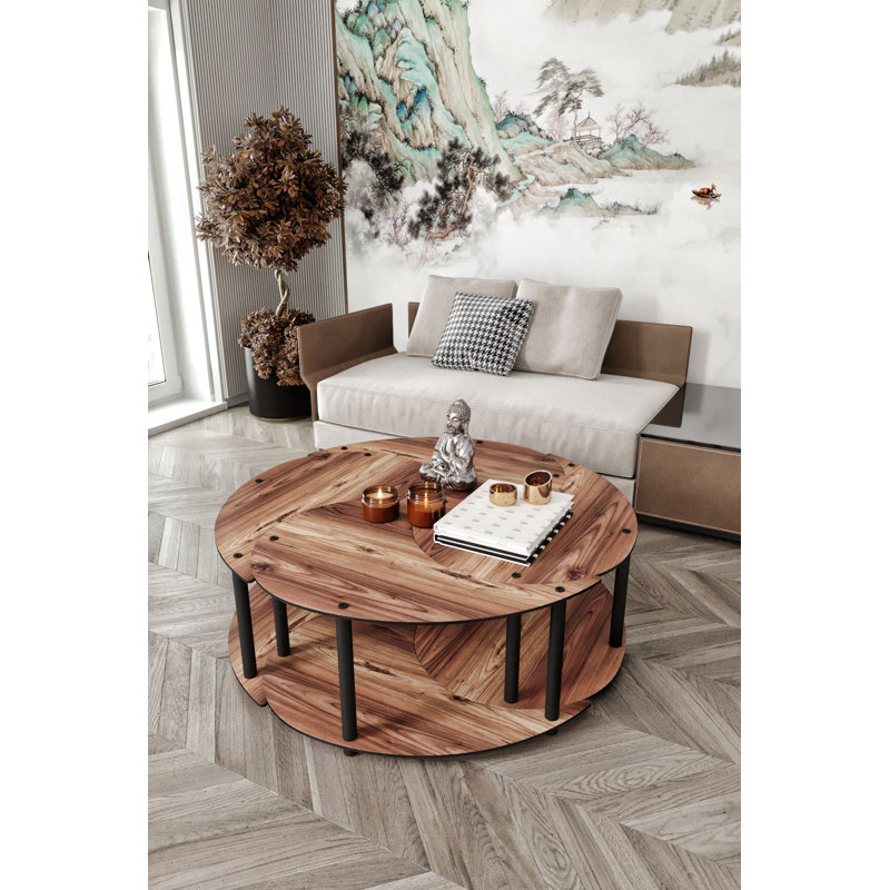 Modern Coffee Table Set (2 Pieces), Walnut Finish, 27.6 x 15.0 x 27.6 inches | 100% MDF with Compressed Kraft Legs | Geometric Design, Stylish & Functional for Living Room & Lounge Spaces