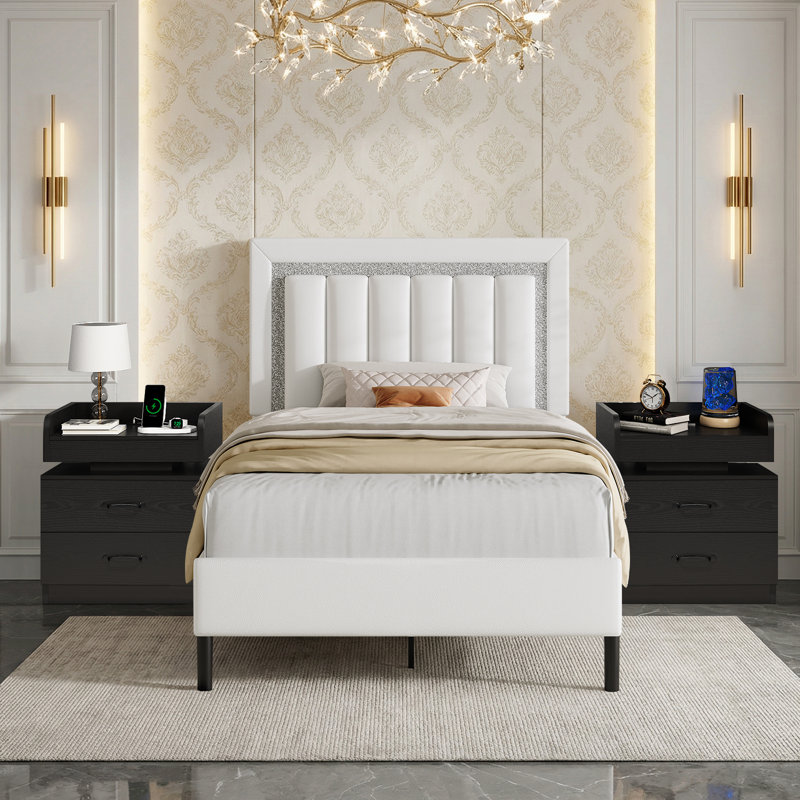 Ensemble de lit plateforme tapissier Diamond, Simple, Blanc