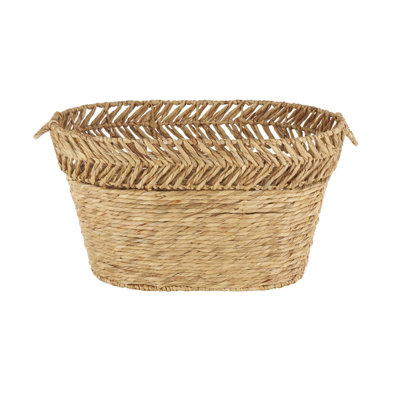 Elberson Cole And Grey Seagrass Handmade Woven Oval Storage Basket With Zig Zag Patterned Rim