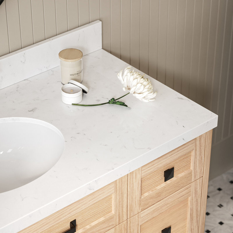 ARIEL Monroe 54 Single Sink Bathroom Vanity with Carrara Quartz Top, Oak, 48" - 49", Carrara White Quartz
