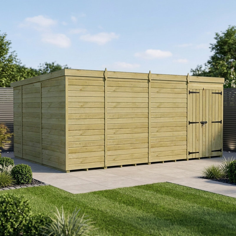 Total Sheds 15ft x 10ft Pent Garden Shed - Double Door - No Windows - Pressure Treated Timber - UK Manufactured