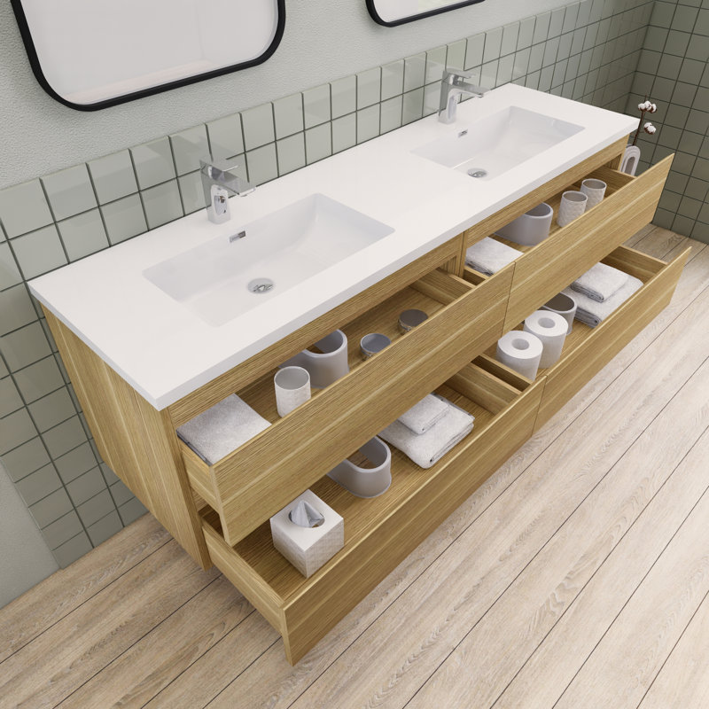 Alcester 71'' Double Bathroom Vanity with Resin Top, White Oak