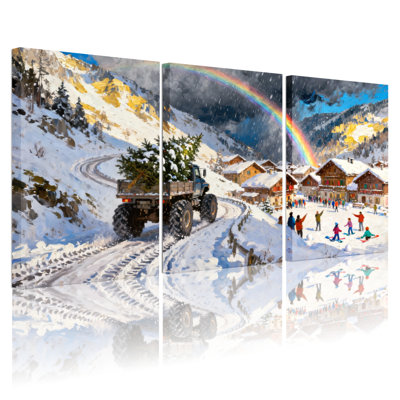 «Christmas Snowy Mountain Village», ensemble de 3 reproductions d'art sur toile