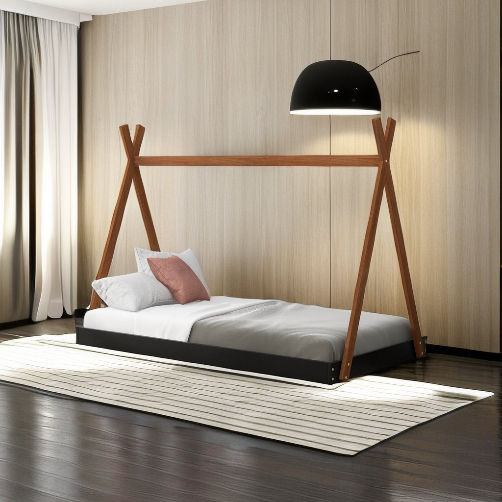 Twin Size Tent Floor Bed with Triangle Structure - Black & Brown