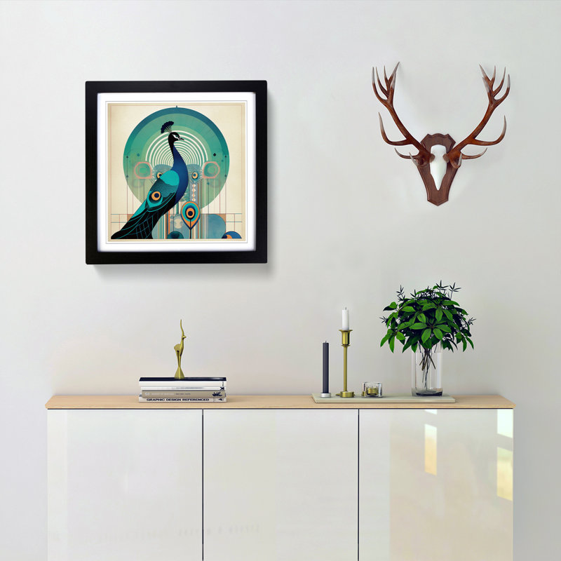 Peacock Bauhaus No.2 - Single Picture Frame Print on Wood, Black