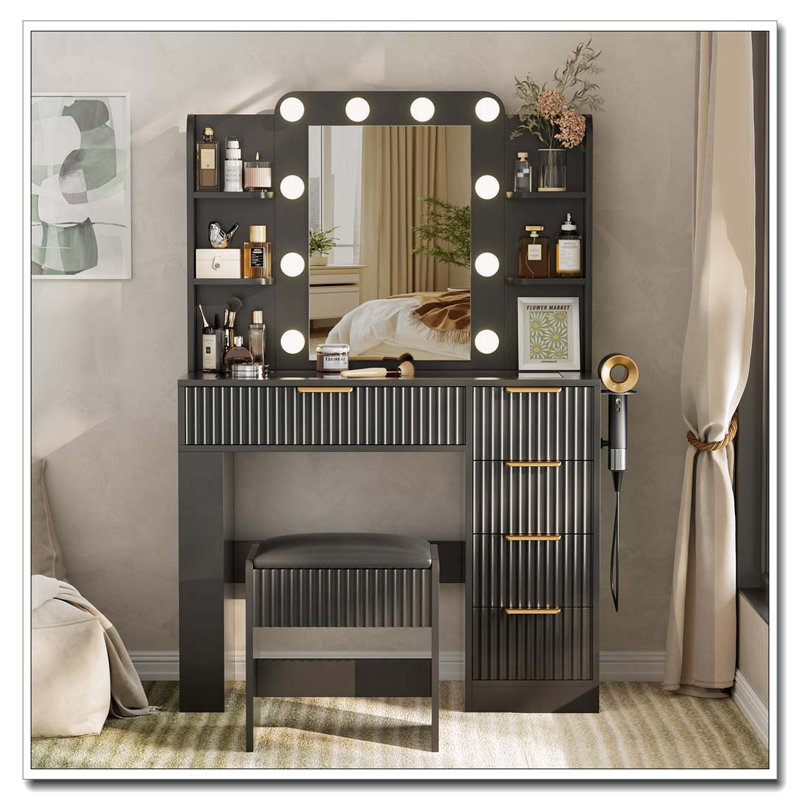 Vanity Table with LED Mirror, Charging Station, 5 Drawers and Stool, Black