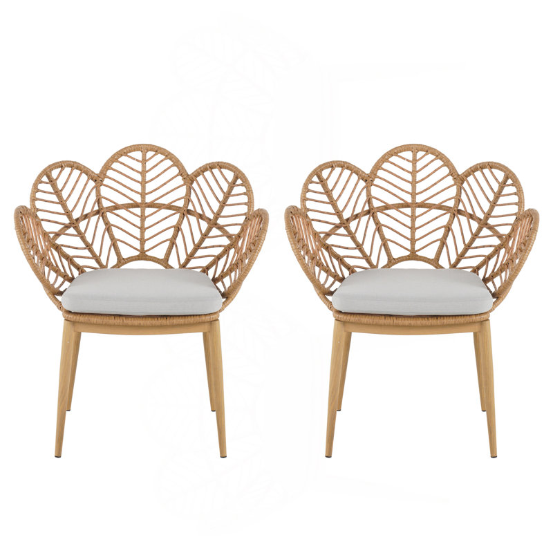 Kirk Outdoor Wicker Peacock Shape Papasan Style Chair, Teak Finished Leg, Light Brown Faux Rattan And Beige Cushion, Set Of 2