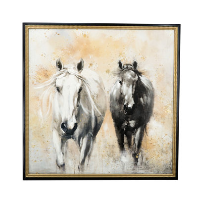 Art réaliste sur toile chevauchant un cheval blanc et noir de 39,4 x 39,4 po, peint à la main avec des reflets beiges, complétant un décor de bureau moderne en pouces de deux chevaux, pour des intérieurs bohémiens