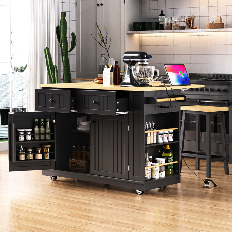 Grand îlot de cuisine de 48 pouces avec rangement interne et prise de courant. Chariot roulant pour et salle à manger, prise de support de type noir. Salle à manger à 5 roulettes, couleur