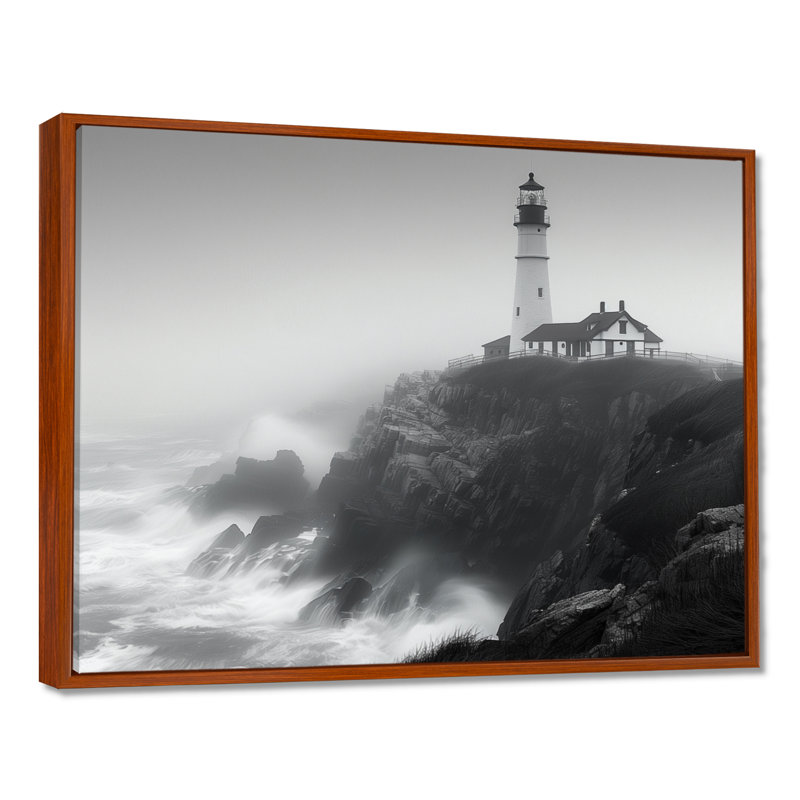 Phare monochrome brouillard d'hiver Cliff II - phares, art mural, H 16 po x l 32 po, Cadre flottant brun