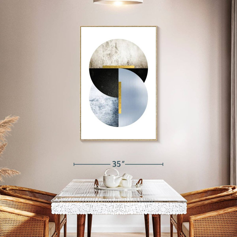 Bleu, beige, noir, géo, Cadre flottant en bois naturel, 31 po x 46 po