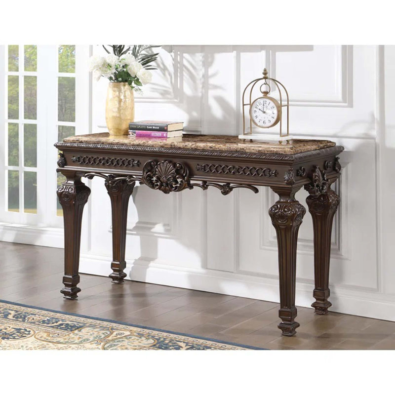 Console en bois massif sculptée à la main avec plateau en marbre
