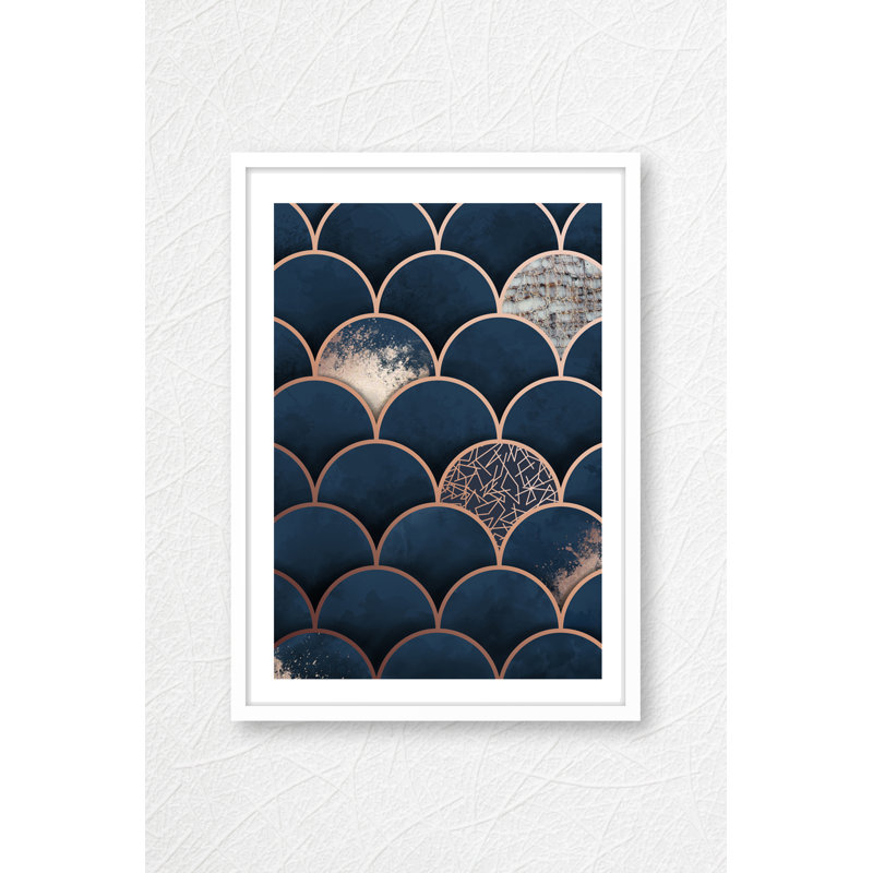 Copper Moroccan Navy Background Geometrical Art Print - Single Picture Frame Print, White, 36 cm H x 28 cm W