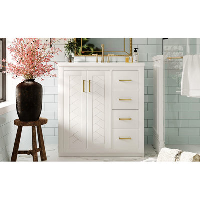 Meuble-lavabo de 30 po avec lavabo en céramique, structure en bois massif, charnières à fermeture douce, planches, 3 tiroirs, rangement spacieux, glissière de tiroir lisse, motif de rainure unique, portes à cadre rétro, exquis