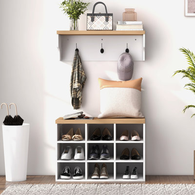 21 Coat Rack And Shoe Bench , 9 Pair Storage For Bedroom, Entryway, Hallway Organization, White, Space Shelf Design, Decorative Storage, Particle Board Build Shelf, Area,