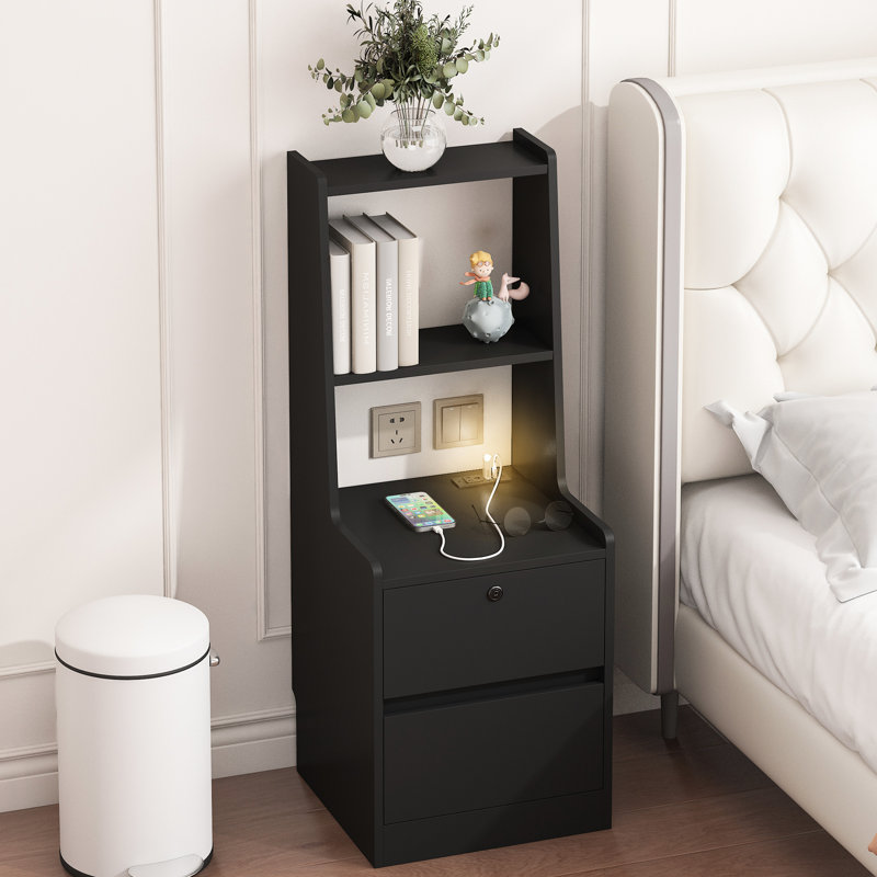 Table de chevet noire avec tablette pour livres et station de charge, nuit à commande vocale pour chambre à coucher moderne, rangement pour prises