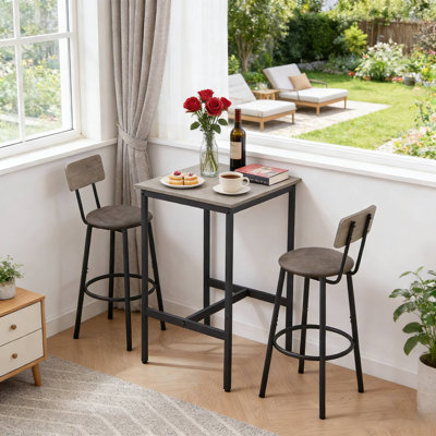 Ensemble de tables de bar compactes 23,62 po x 23,62 po x 35,43 po gris, 2 tabourets de dossier en polyuréthane pour coin-repas
