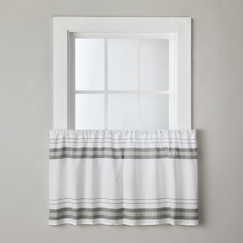 White and Gray Striped Polyester Rod Pocket Window Tiers