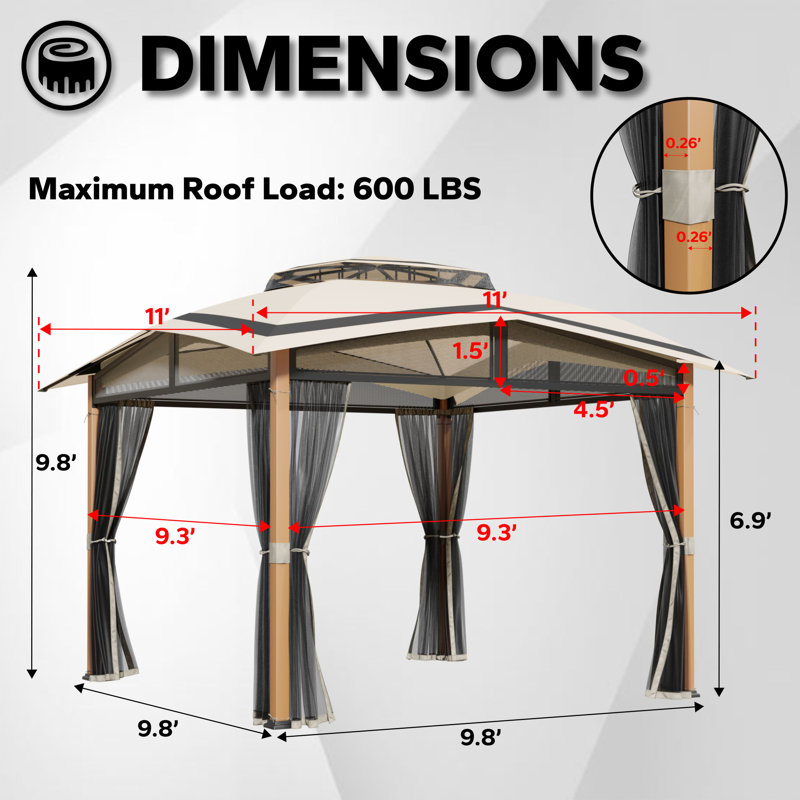 11 Ft. X 11 Ft. Octagon Gazebo With 2-tier Beige Canopy Roof, Steel Frame Soft Top Gazebo With Ceiling Hook And Mosquito Netting