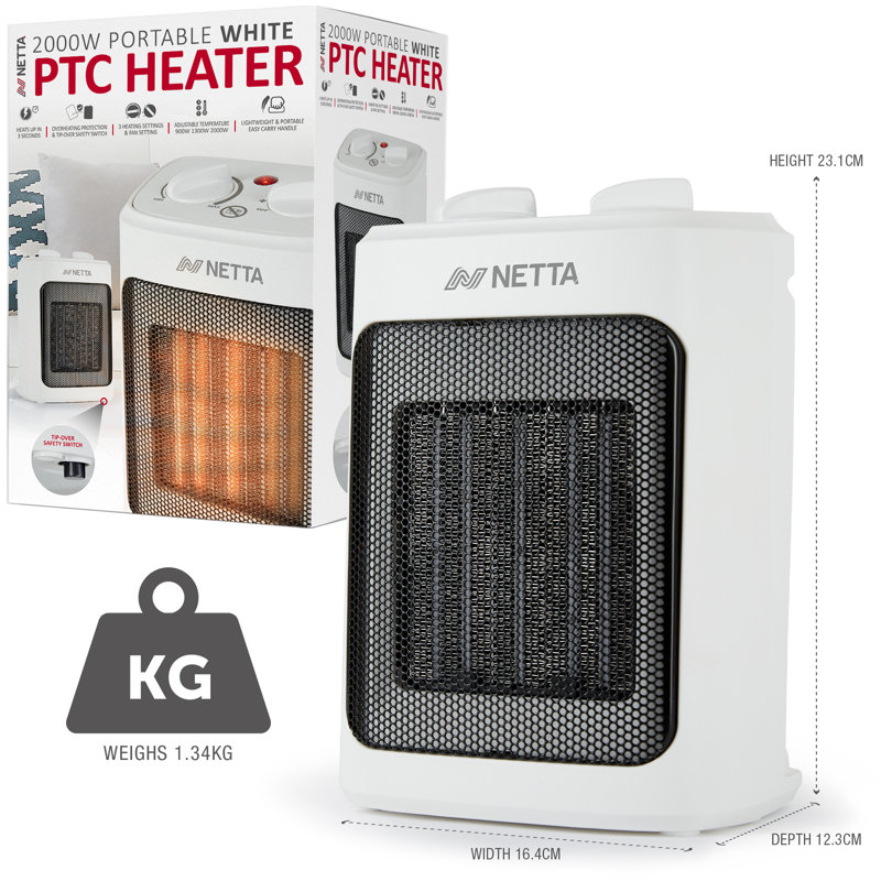 NETTA 2000W Mini Fan Heater with Adjustable Thermostat, 3 Heat Settings & Carry Handle, White