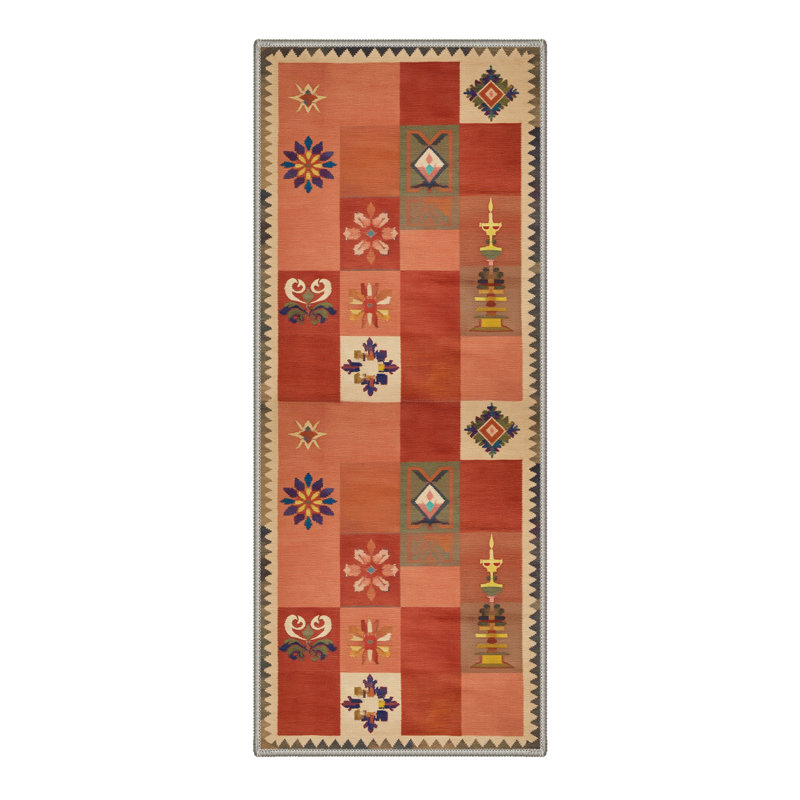 Astra Geometric Machine Washable Coral Orange / Beige Indoor Area Rug With Non-Slip Backing, Runner 2'3" x 6'