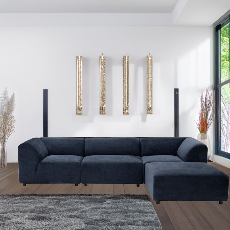 Canapé modulaire et méridienne avec pieds en bois, Bleu marine, Accoudoir à droite (vu de face)